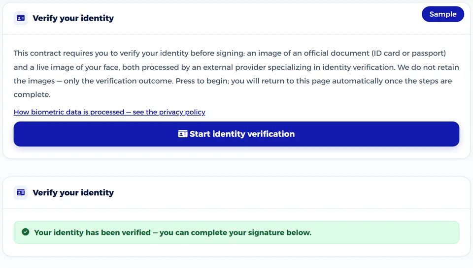 Sample identity verification step on the signing page